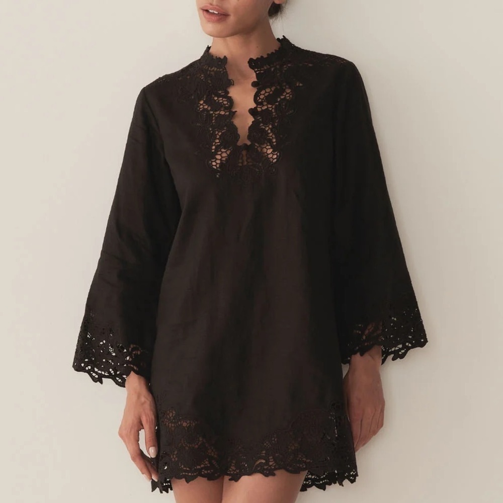NWT Doen Roselie Linen Lace Crochet Collar 3/4 Sleeve Tunic Mini Dress Black - Picture 3 of 16
